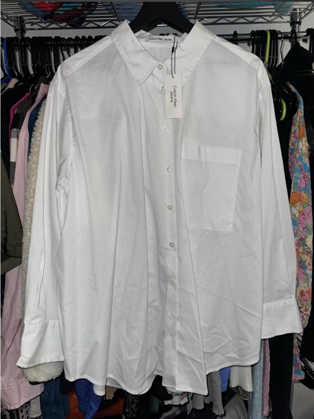 Calvin Klein White Casual Button-Down Shirt with Chest Pocket